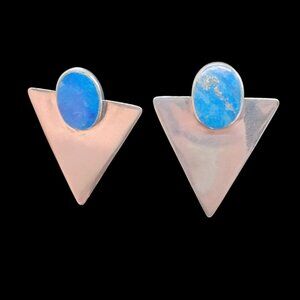 Vtg Modernist Sterling Silver Lapis Lazuli Triangle Shaped Earrings